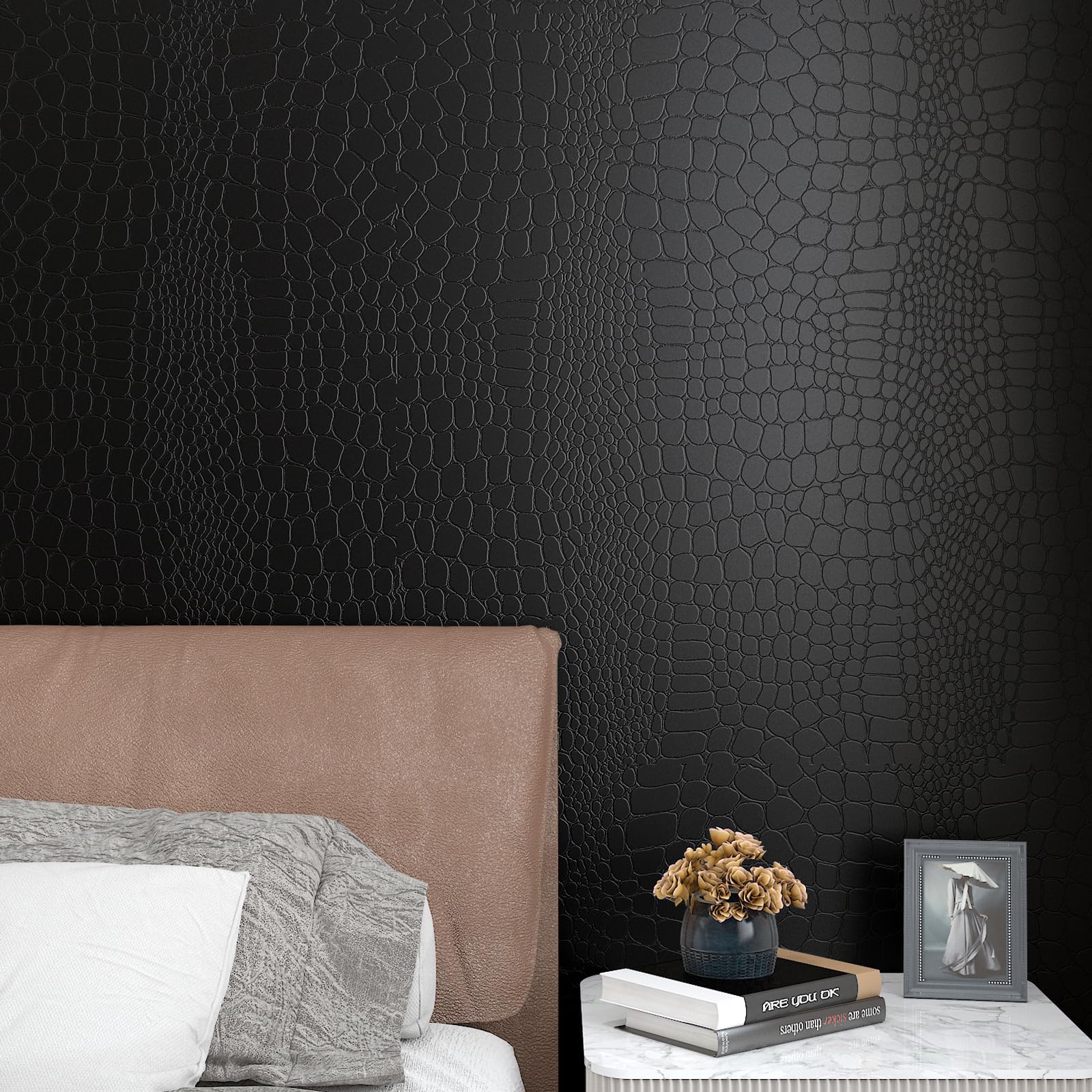 LACHEERY 160x24 Inch Black Textured Wallpaper Stick and Peel for